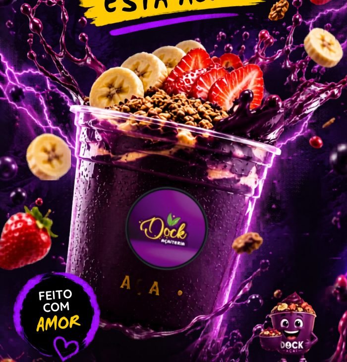 Copo de açaí Dock com morango, banana, granola e calda